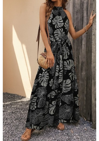 Kadın Kolsuz Halter Yaka Beli Lastikliotantik Desenli Mikro Kumaş Elbise fiyatları