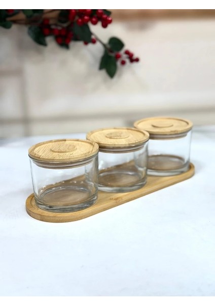Cam Bambu Kapaklı Tepsili Sunumluk 3 lü
