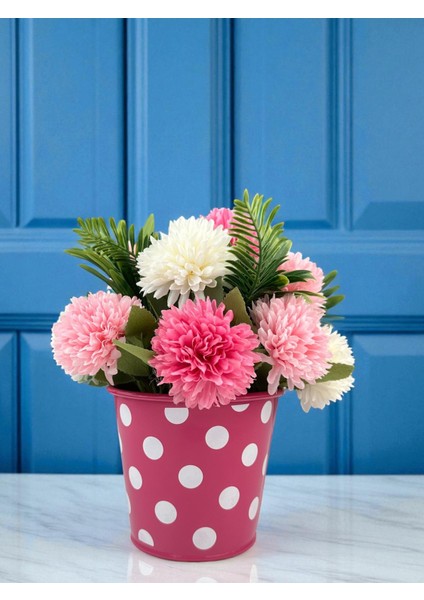 Küçük Yapay Çiçek Krizantem 20X25 cm Dekoratif Masa Süsü Metal Mini Saksıda Ev Süsleri