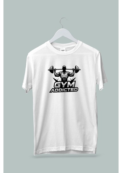 Kadın Erkek Unisex Yetişkin Gym Fitness Addicted Baskılı Beyaz Gri Siyah Tshirt