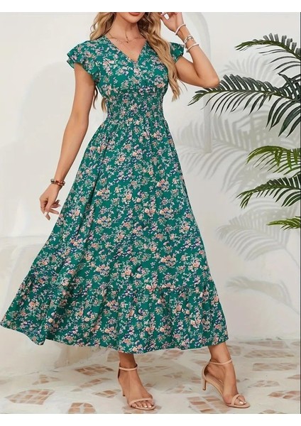 Mç Plus Kadın Kısa Kollu Kruvaze Yaka Beli Lastikli Çiçek Desenli Elbise indirimleri