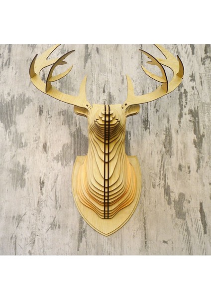 Doğal Ahşap Geyik Kafası Duvar Aplik Rustik Dekor (Ampul Dahil)
