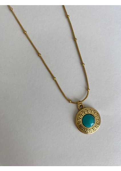 Yuvarlak Içi Mavi Taşlı Gold Çelik Kolye fırsatları
