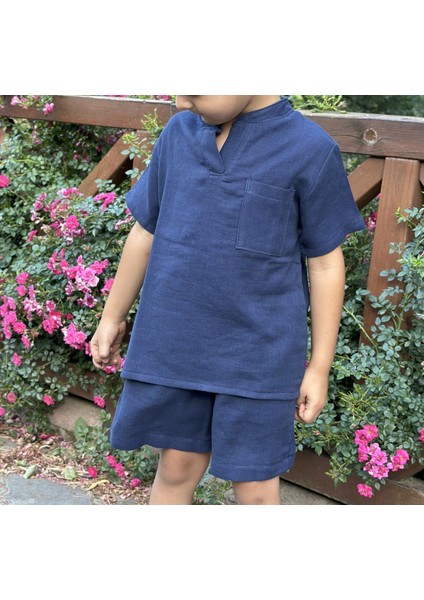 2 Kat Lacivert Müslin Kısa Kollu Yazlık Çocuk Gömlek ve Şort Takımı indirimleri