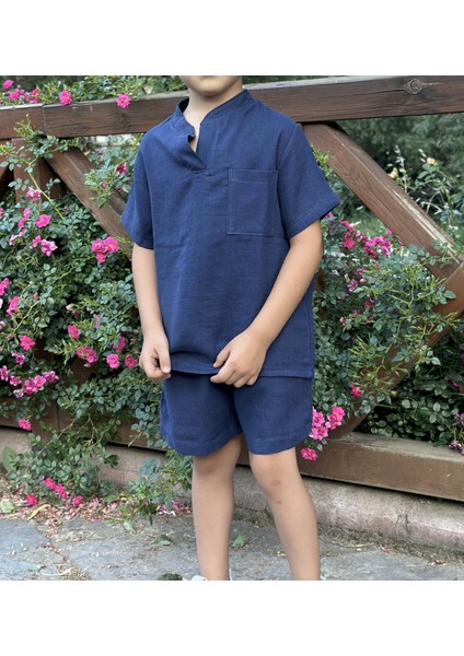 2 Kat Lacivert Müslin Kısa Kollu Yazlık Çocuk Gömlek ve Şort Takımı
