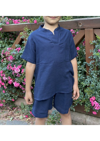 2 Kat Lacivert Müslin Kısa Kollu Yazlık Çocuk Gömlek ve Şort Takımı fiyatları