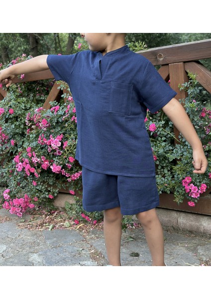 2 Kat Lacivert Müslin Kısa Kollu Yazlık Çocuk Gömlek ve Şort Takımı modelleri