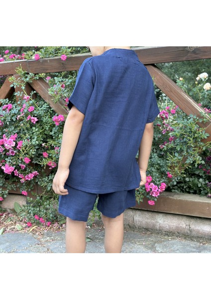 2 Kat Lacivert Müslin Kısa Kollu Yazlık Çocuk Gömlek ve Şort Takımı fırsatları