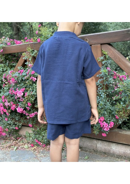 2 Kat Lacivert Müslin Kısa Kollu Yazlık Çocuk Gömlek ve Şort Takımı