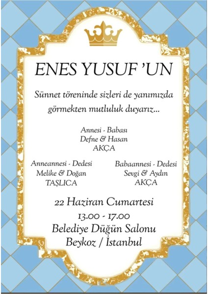 Sünnet Davetiyesi Kişiye Özel ( 1ADET ).