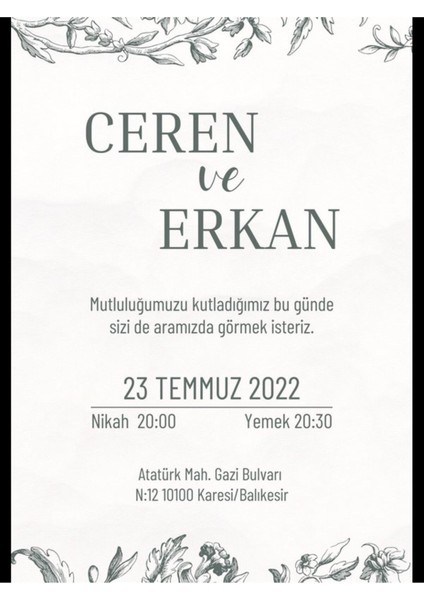 Düğün Davetiyesi , Nişan Davetiyesi , Kına Davetiyesi