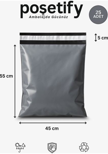 Gri Cepsiz Kargo Poşeti 45X55+5 cm | Yapışkan Bantlı Kargo Zarfı | 25’li E-Ticaret Poşeti