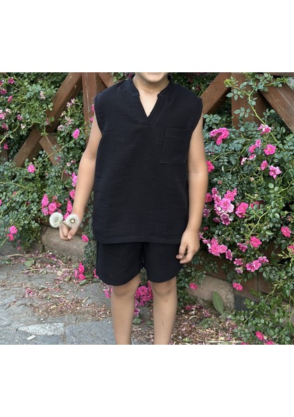 Çift Kat Müslin Kumaş Sıfır Kollu Yazlık Çocuk T-Shirt ve Şort Takım fiyatları