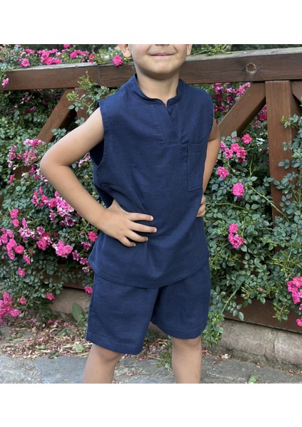 Çift Kat Müslin Kumaş Sıfır Kollu Yazlık Çocuk T-Shirt ve Şort Takım