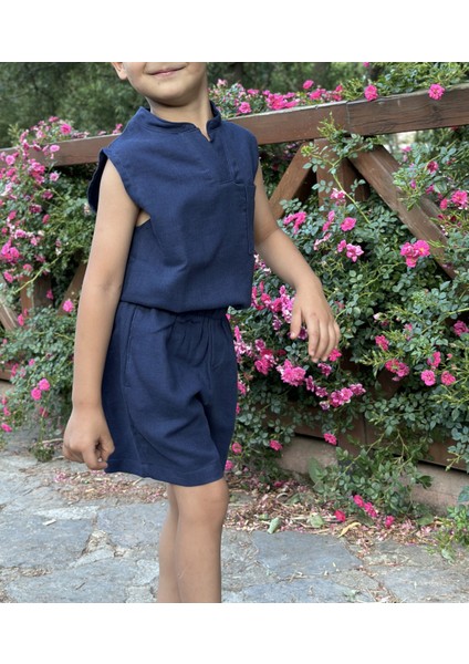 Çift Kat Müslin Kumaş Sıfır Kollu Yazlık Çocuk T-Shirt ve Şort Takım