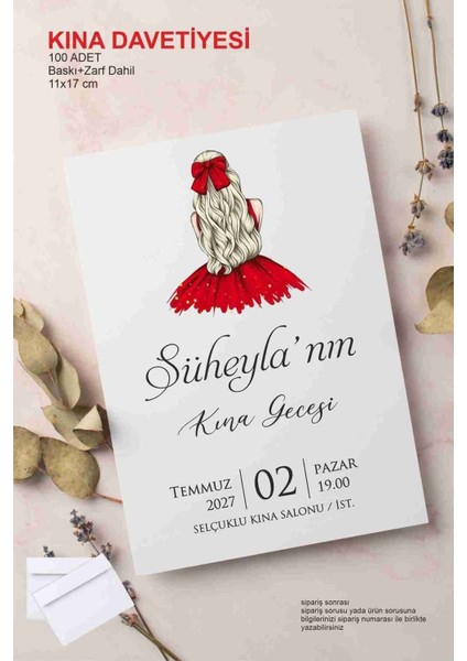 Kına Davetiyesi Baskılı Zarfsız 100 Adet