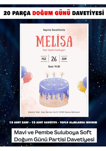 Doğum Günü Davetiyesi (1 Adet) Baskısızdır.