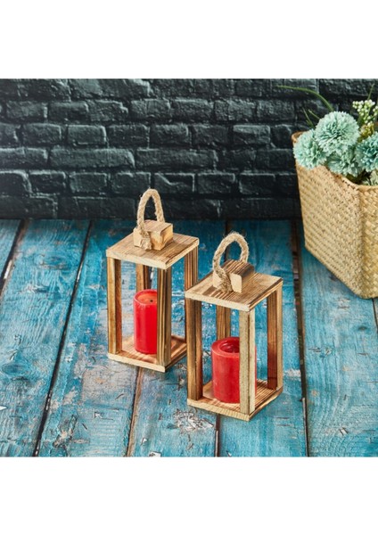 Ahşap 2'li Mini Fener Mumluk Seti, Şık ve Sıcak Atmosfer Için Ideal