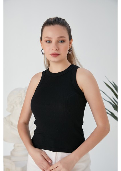 Siyah Zargo Model Fitted/vücuda Oturan Geniş Biyeli Halter Yaka Fitilli Esnek Örme Crop Bluz