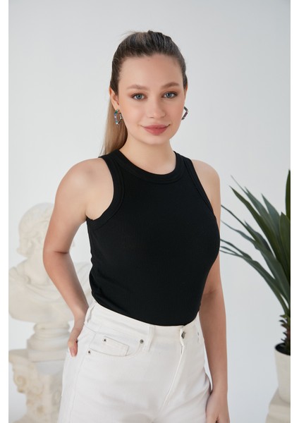 Siyah Zargo Model Fitted/vücuda Oturan Geniş Biyeli Halter Yaka Fitilli Esnek Örme Crop Bluz