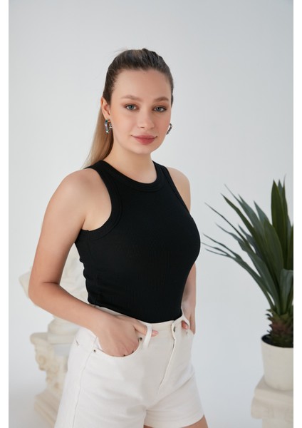 Siyah Zargo Model Fitted/vücuda Oturan Geniş Biyeli Halter Yaka Fitilli Esnek Örme Crop Bluz