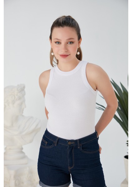Siyah Zargo Model Fitted/vücuda Oturan Geniş Biyeli Halter Yaka Fitilli Esnek Örme Crop Bluz
