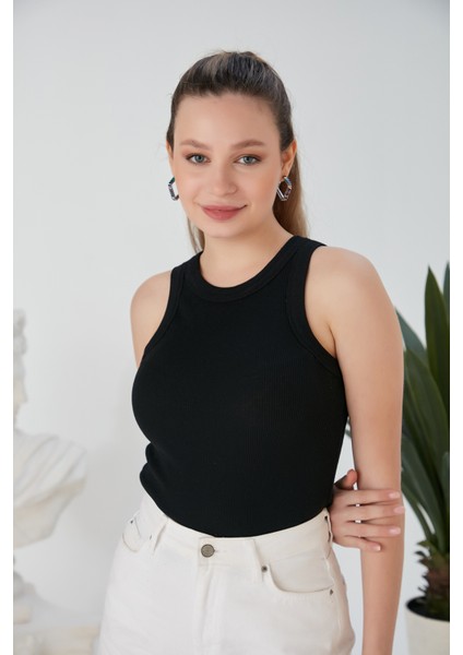 Siyah Zargo Model Fitted/vücuda Oturan Geniş Biyeli Halter Yaka Fitilli Esnek Örme Crop Bluz