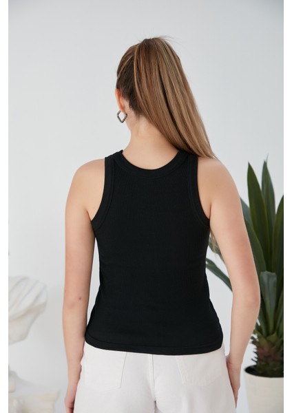 Siyah Zargo Model Fitted/vücuda Oturan Geniş Biyeli Halter Yaka Fitilli Esnek Örme Crop Bluz