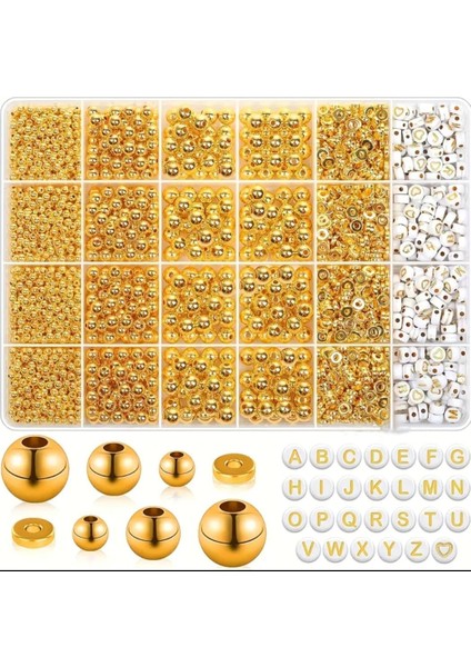 Dev Gold Ara Aparat Boncuk ve Beyaza Gold Harf Boncuk Seti Takı Bileklik Yapım Seti Hobi Malzemeleri