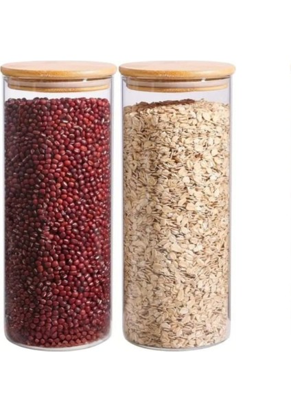 1400 cc - (2'li Set) Borosilkat Cam Baharatlık - Bambu Kapaklı - Saklama Kabı - (9 cm x 22 Cm)