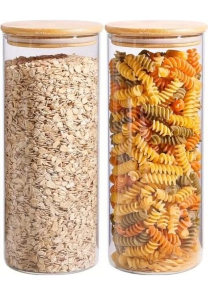 1400 cc - (2'li Set) Borosilkat Cam Baharatlık - Bambu Kapaklı - Saklama Kabı - (9 cm x 22 Cm)
