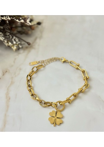 Luxury Steel Gold Renk Tiff ve Araç Zincirli Yonca Çelik Bileklik