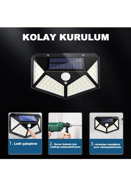 Geniş Açılı 100 LED Güneş Enerjili Bahçe Aydınlatma, Hareket Sensörlü, 3 Mod