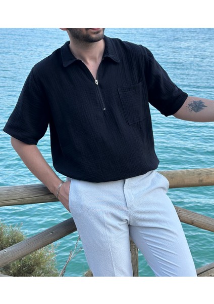 Kısa Kollu Siyah Gömlek - Tek Cepli - 2 Kat Müslin Kumaş