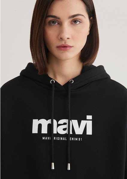 Mavi Logo Baskılı Kapüşonlu Siyah Sweatshirt 168334-900