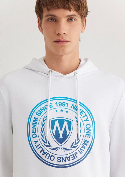 Mühür Logo Baskılı Kapüşonlu Beyaz Sweatshirt 0611721-620