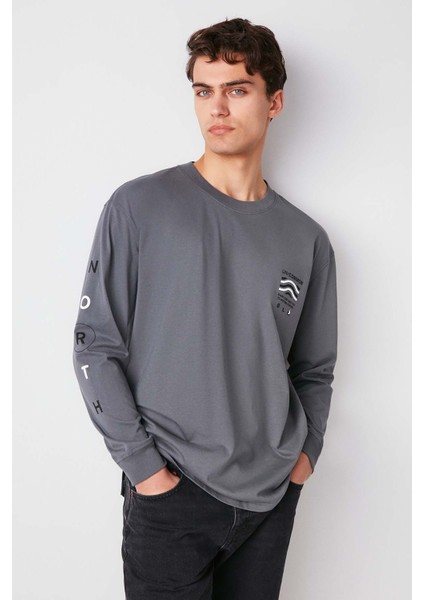 Uncommon Erkek Baskılı Yuvarlak Yaka Ekstra Oversize Gri T-Shirt