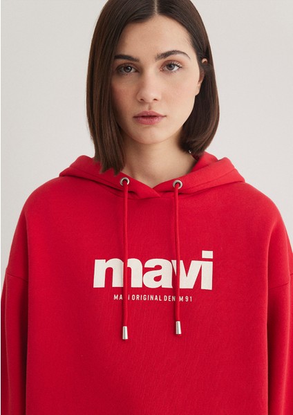 Mavi Logo Baskılı Kapüşonlu Kırmızı Sweatshirt 168334-35476