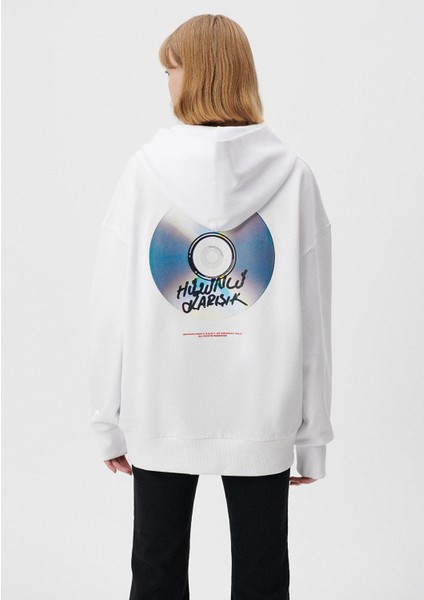 Hüzünlü Karışık Baskılı Kapüşonlu Beyaz Sweatshirt 0S10124-620
