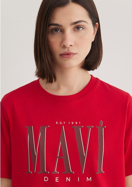 Mavi Logo Baskılı Kırmızı Tişört 1611990-70463