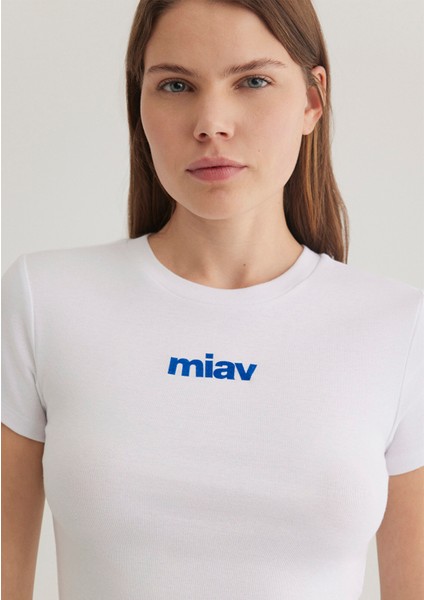 Miav Baskılı Beyaz Crop Tişört 1612453-620