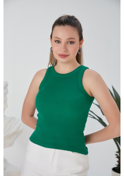 Yeşil Zargo Model Fitted/vücuda Oturan Geniş Biyeli Halter Yaka Fitilli Esnek Örme Crop Bluz fırsatları