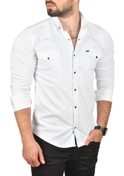 Slim Fit Pamuklu Cepli Kot Gömlek Çıtçıtlı Uzun Kollu Spor Gömlek 2502503