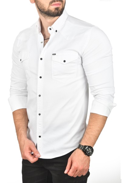 Slim Fit Pamuklu Cepli Kot Gömlek Çıtçıtlı Uzun Kollu Spor Gömlek 2502503 fırsatları