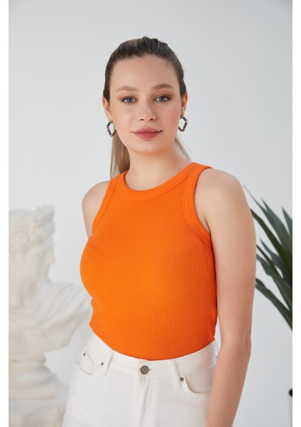 Turuncu Zargo Model Fitted/vücuda Oturan Geniş Biyeli Halter Yaka Fitilli Esnek Örme Crop Bluz