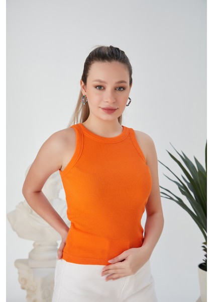 Turuncu Zargo Model Fitted/vücuda Oturan Geniş Biyeli Halter Yaka Fitilli Esnek Örme Crop Bluz