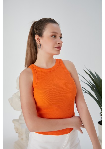 Turuncu Zargo Model Fitted/vücuda Oturan Geniş Biyeli Halter Yaka Fitilli Esnek Örme Crop Bluz
