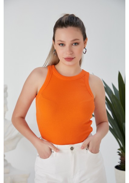 Turuncu Zargo Model Fitted/vücuda Oturan Geniş Biyeli Halter Yaka Fitilli Esnek Örme Crop Bluz