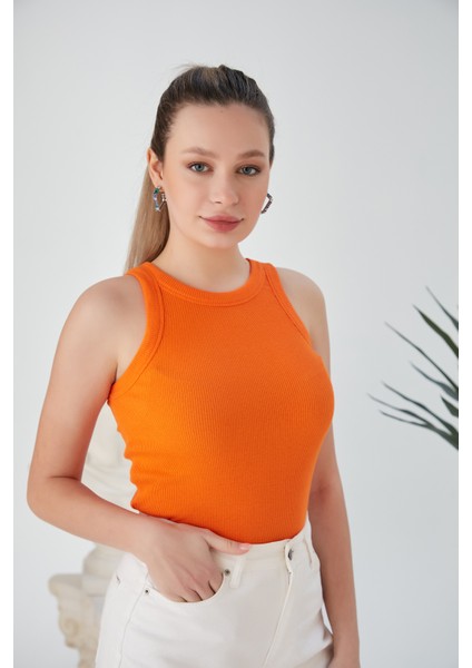 Turuncu Zargo Model Fitted/vücuda Oturan Geniş Biyeli Halter Yaka Fitilli Esnek Örme Crop Bluz