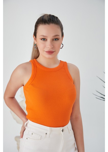 Turuncu Zargo Model Fitted/vücuda Oturan Geniş Biyeli Halter Yaka Fitilli Esnek Örme Crop Bluz